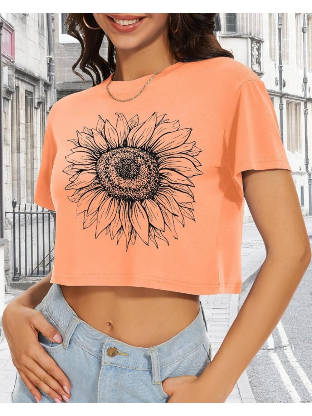 Women Orange Sunflower Short Sleeve Round Neck Loose Fit Casual Summer Crop Tops - Picture 2 of 6